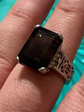 Vintage Sterling Silver 925 Large Emerald Cut Smokey Quartz Size 7.5 Ring